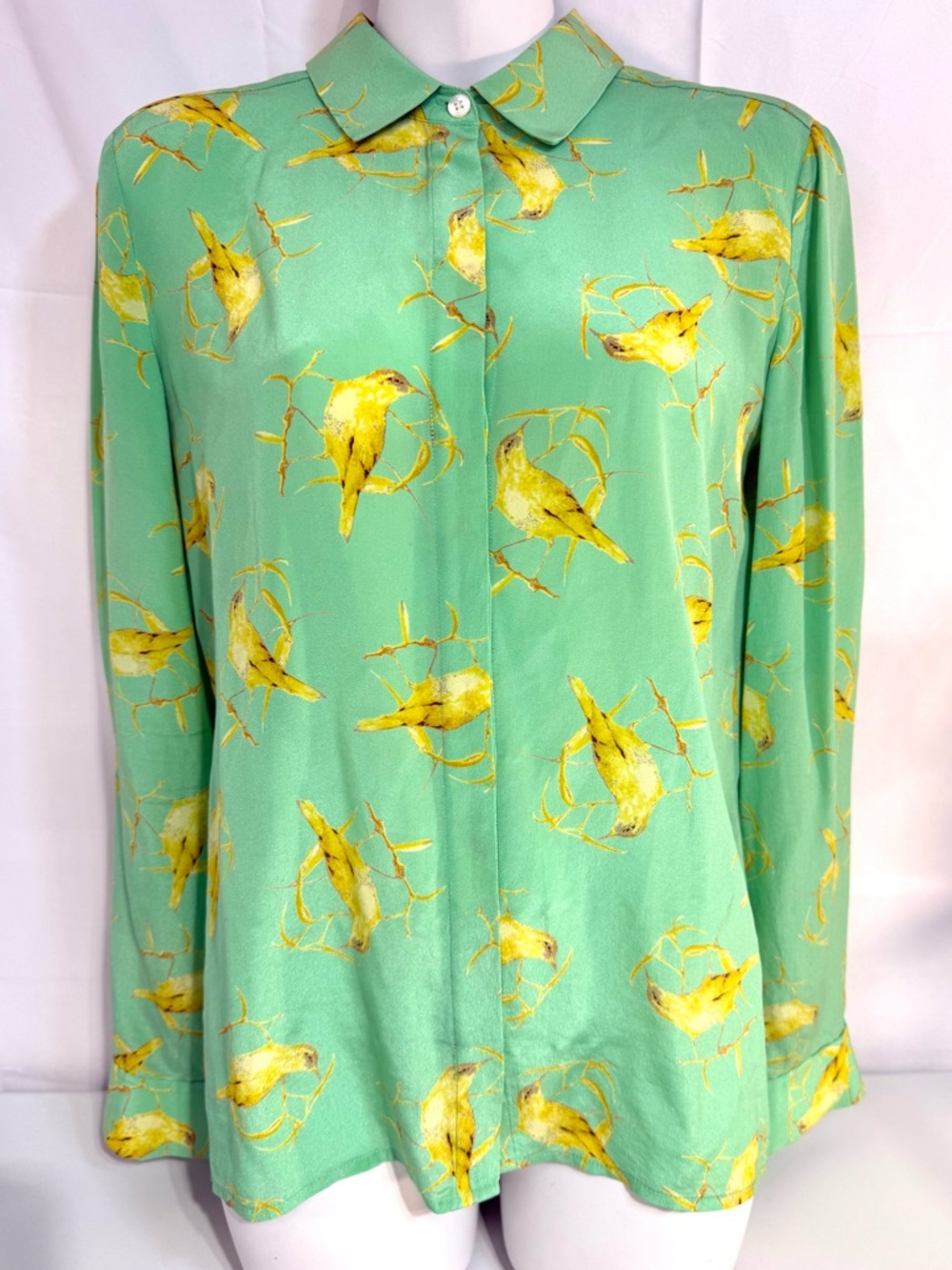 Leifsdottir Anthropologie 100% Silk Bird Print Blouse Green Button Front Top 6
